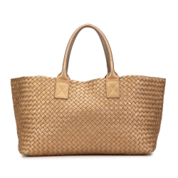 Bottega Veneta B Bottega Veneta Gold Lambskin Leather Leather Medium Lambskin Intreccio Cabat Tote Italy