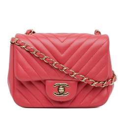 Chanel B Chanel Red Lambskin Leather Leather Mini Square Classic Chevron Lambskin Single Flap Italy