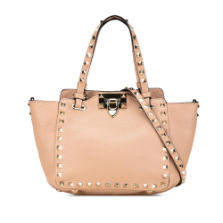 Valentino B Valentino Brown Beige Calf Leather Mini Grainy skin Rockstud Satchel Italy