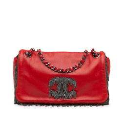 Chanel B Chanel Red Lambskin Leather Leather Small Lambskin Rock and Cabaret Fringe Chain CC Flap Italy