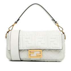 B Fendi White Calf Leather Zucca Embossed Baguette Satchel Italy