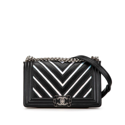 Chanel B Chanel Black Lambskin Leather Leather Medium Lambskin and Iridescent PVC Chevron Boy Flap France