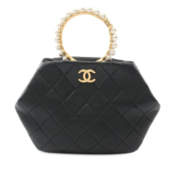 Chanel AB Chanel Black Lambskin Leather Leather Quilted Lambskin Pearl Crown Handle Clutch Italy