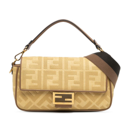 Fendi B Fendi Yellow Canvas Fabric Zucca Embroidered Baguette Satchel Italy