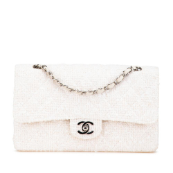 Chanel B Chanel White Tweed Fabric Medium Classic Double Flap France