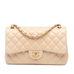 Chanel B Chanel Brown Light Beige Lambskin Leather Leather Jumbo Classic Lambskin Double Flap Italy