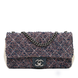 Chanel B Chanel Blue Navy with White Tweed Fabric Medium Single Flap Italy