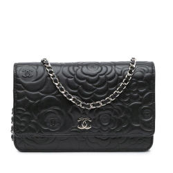 Chanel B Chanel Black Lambskin Leather Leather Lambskin Camellia Embossed Wallet On Chain Italy