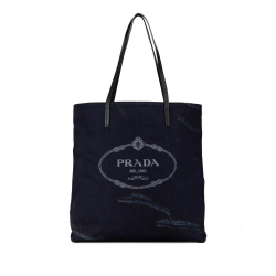 Prada B Prada Blue Navy Denim Fabric Mistolino Vitello Logo Tote Italy