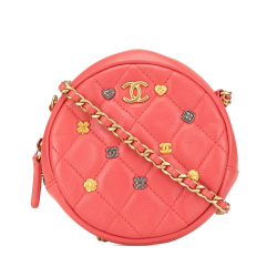 Chanel Pink Quilted Lambskin Lucky Charms Round Clutch with Chain Italy