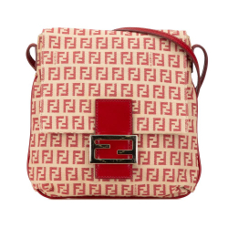 Fendi B Fendi Brown Beige with Red Canvas Fabric Zucchino Crossbody Italy