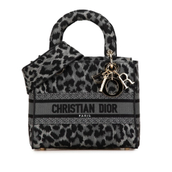 Christian Dior AB Dior Gray Dark Gray Canvas Fabric Mizza Medium Embroidered Leopard Lady D Lite Italy