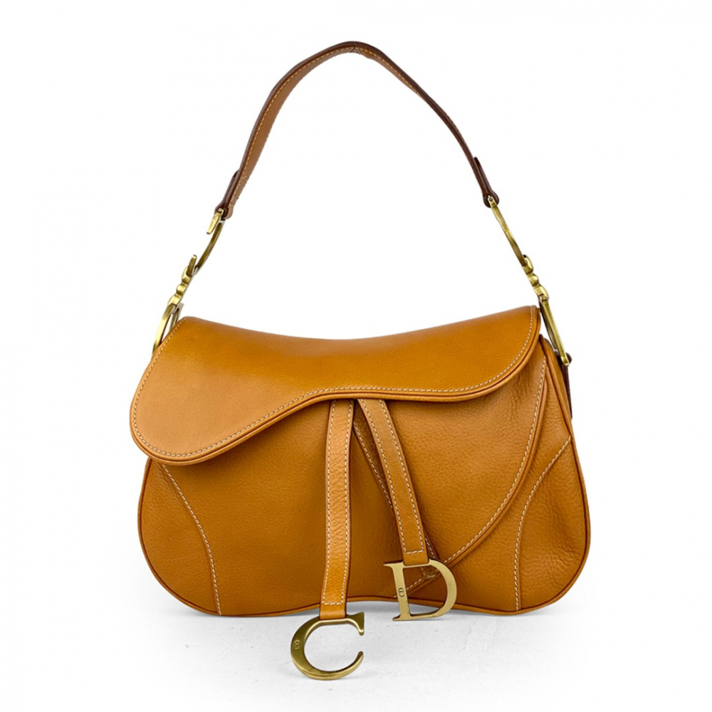 Christian Dior Vintage Double Saddle Bag Leather Brown 4215401