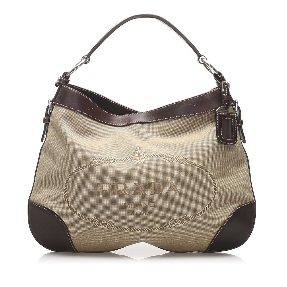 Prada B Prada Brown Beige Canvas Fabric Canapa Hobo Bag Italy