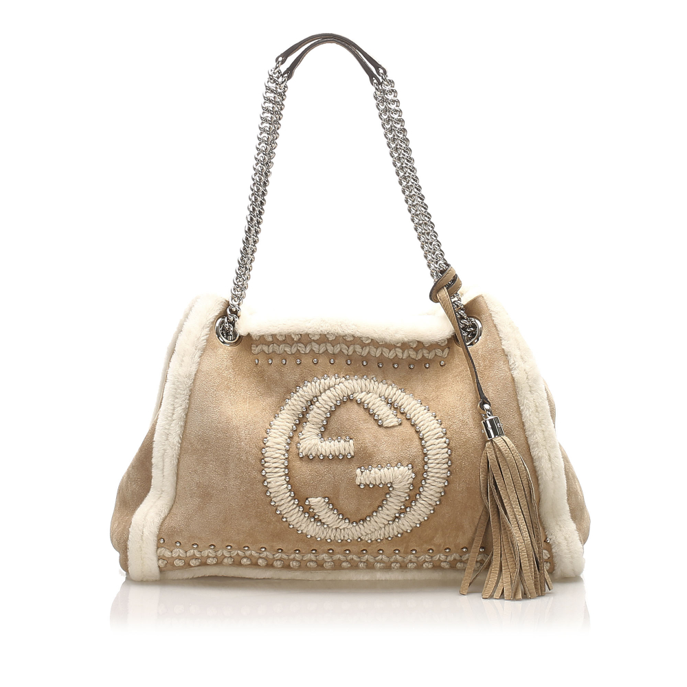 Gucci AB Gucci Brown Light Brown Fur Natural Material Soho Mouton Chain Shoulder Bag Italy