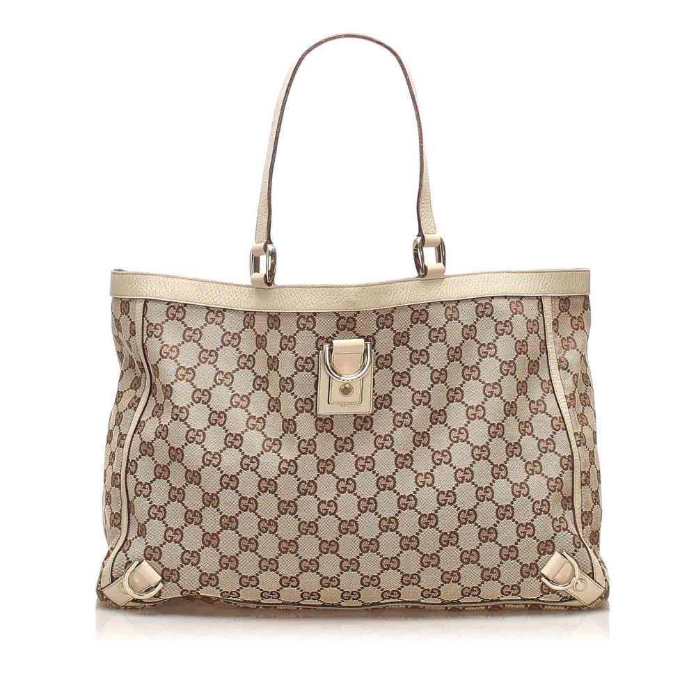 Gucci B Gucci Brown Beige Canvas Fabric GG Abbey D- Ring Tote Bag Italy