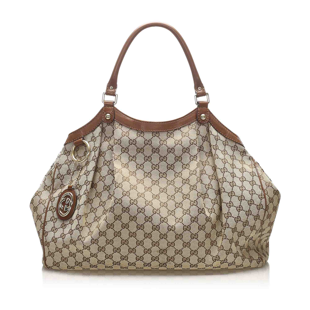 Gucci B Gucci Brown Beige Canvas Fabric GG Sukey Tote Bag Italy