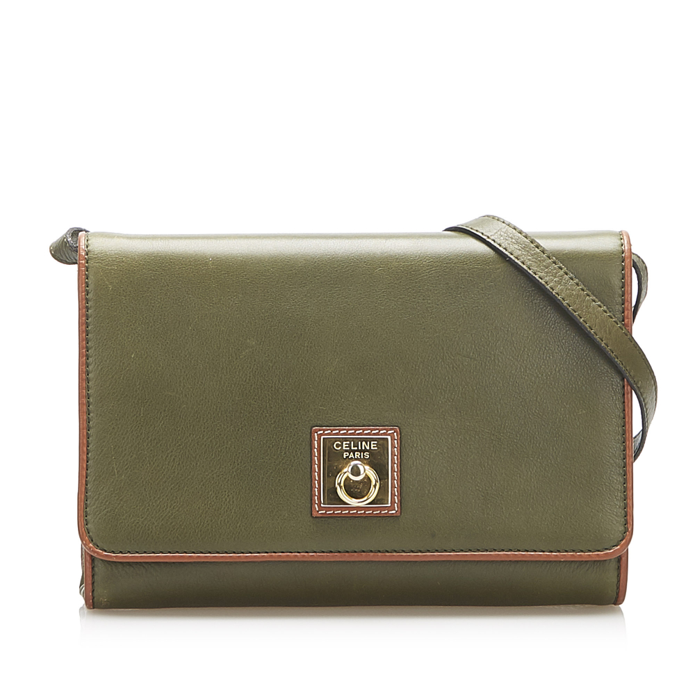 Celine B Celine Green with Brown Calf Leather Gancini Crossbody Bag France