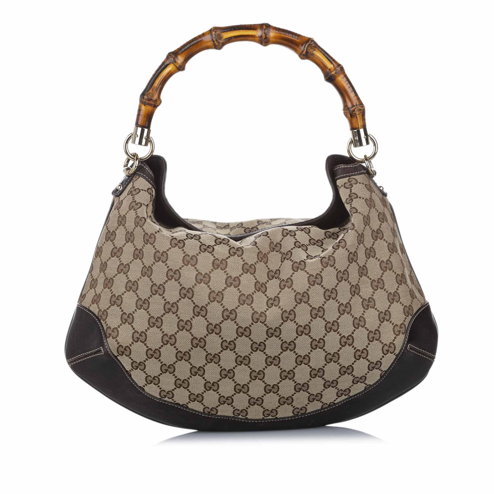 Gucci B Gucci Brown Beige Canvas Fabric Bamboo GG Peggy Satchel ITALY