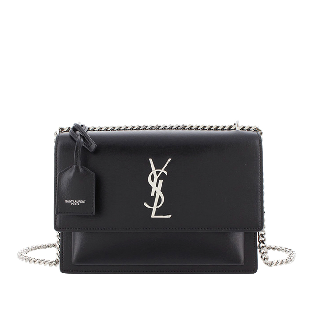 B YSL Black Calf Leather Medium Sunset Crossbody Bag France Saint Laurent MyPrivateDressing
