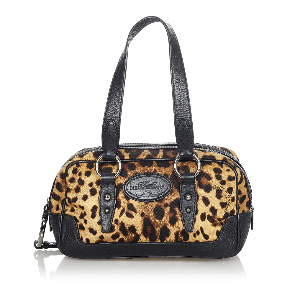 Dolce&Gabbana B Dolce&Gabbana Brown with Black Canvas Fabric Leopard Print Shoulder Bag Italy