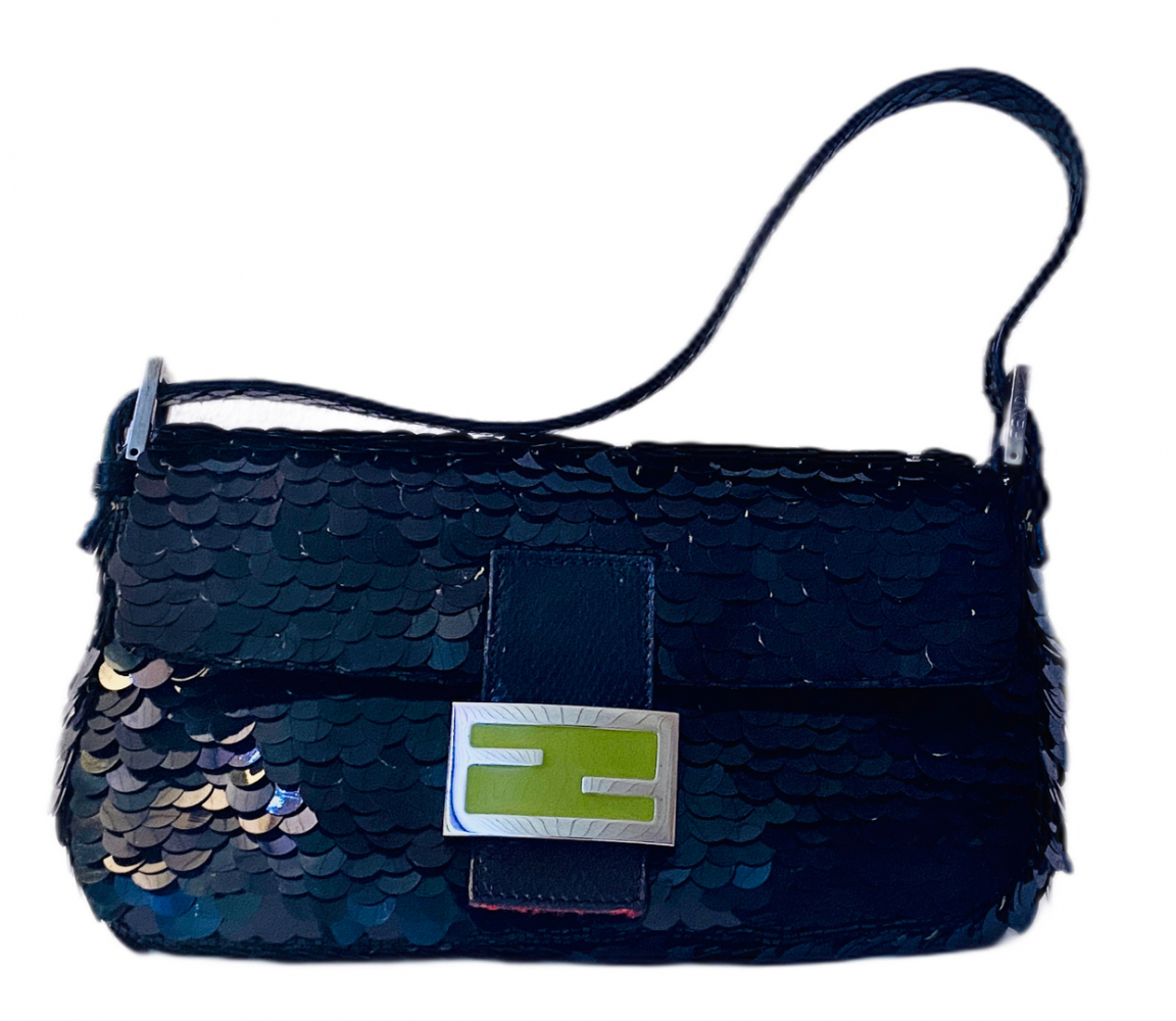 Fendi Baguette Bag, Black Sequin, Snajeskin & Green Enamel