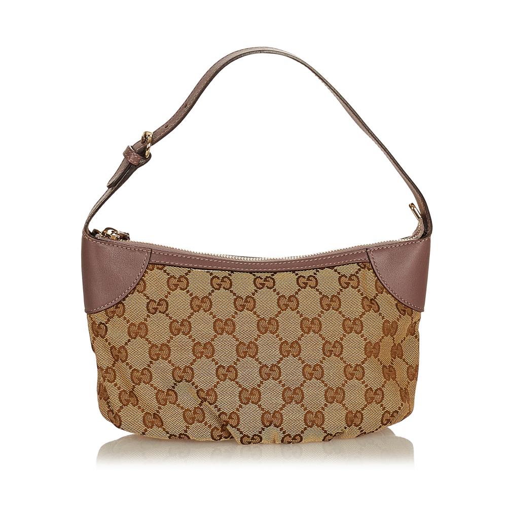 Gucci B Gucci Brown Beige Canvas Fabric GG Baguette Italy