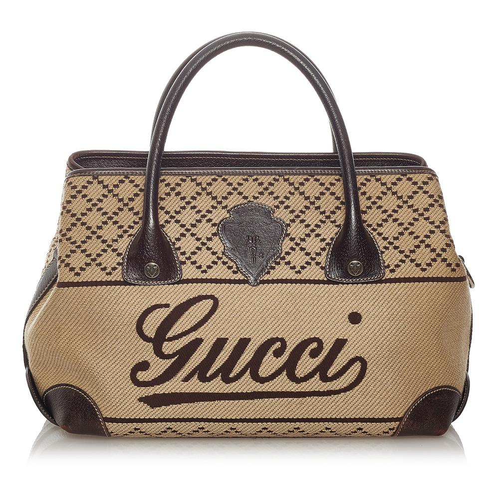 Gucci B Gucci Brown Beige with Black Canvas Fabric Diamante Craft Handbag Italy