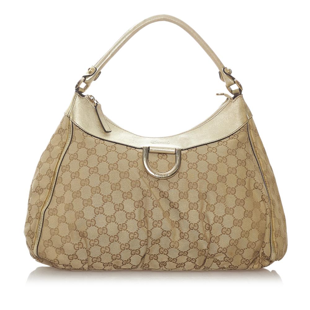 Gucci B Gucci Brown Beige with Gold Canvas Fabric GG Abbey D-Ring Shoulder Bag Italy