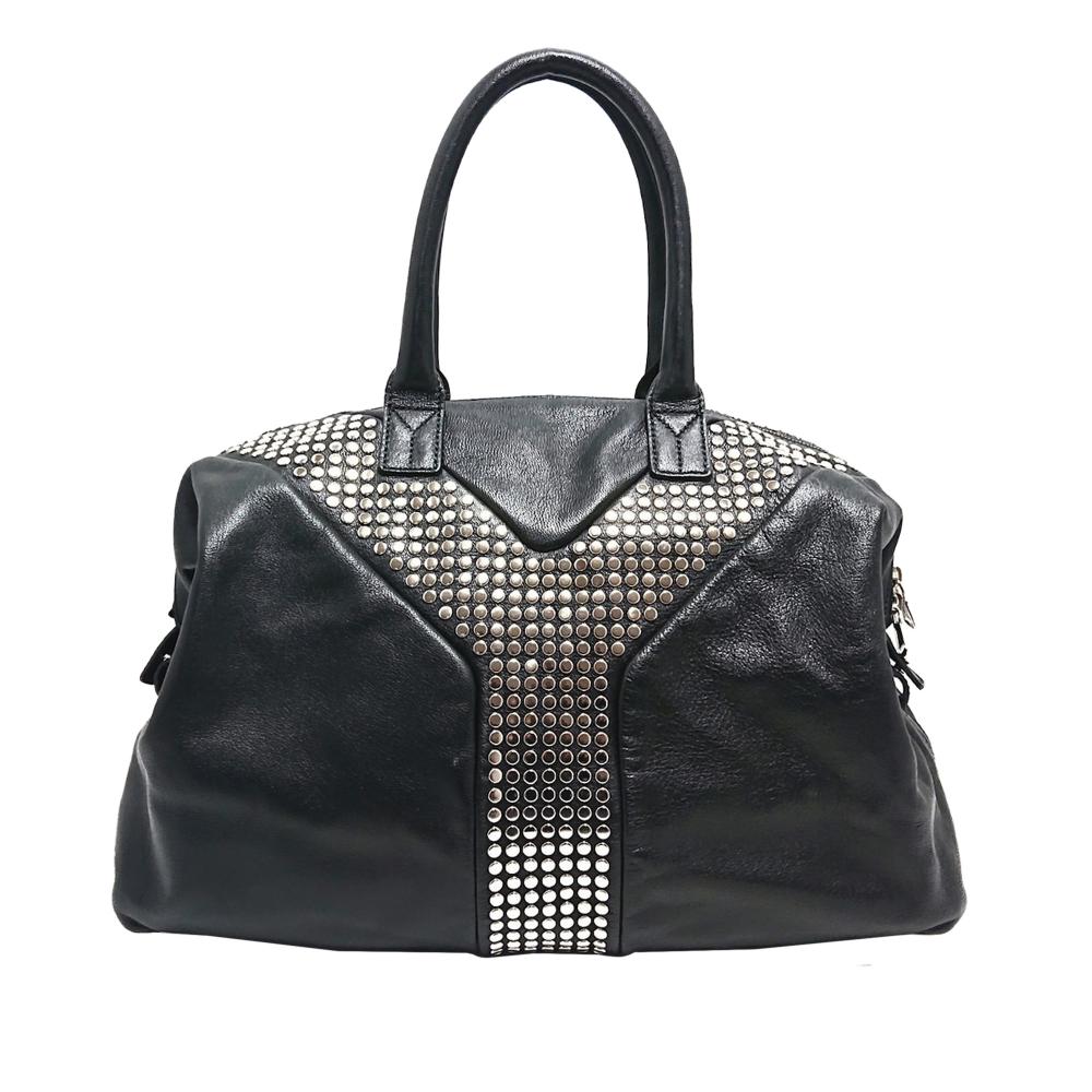 Saint Laurent B YSL Black with Silver Calf Leather Studded Easy Y Tote Bag Italy