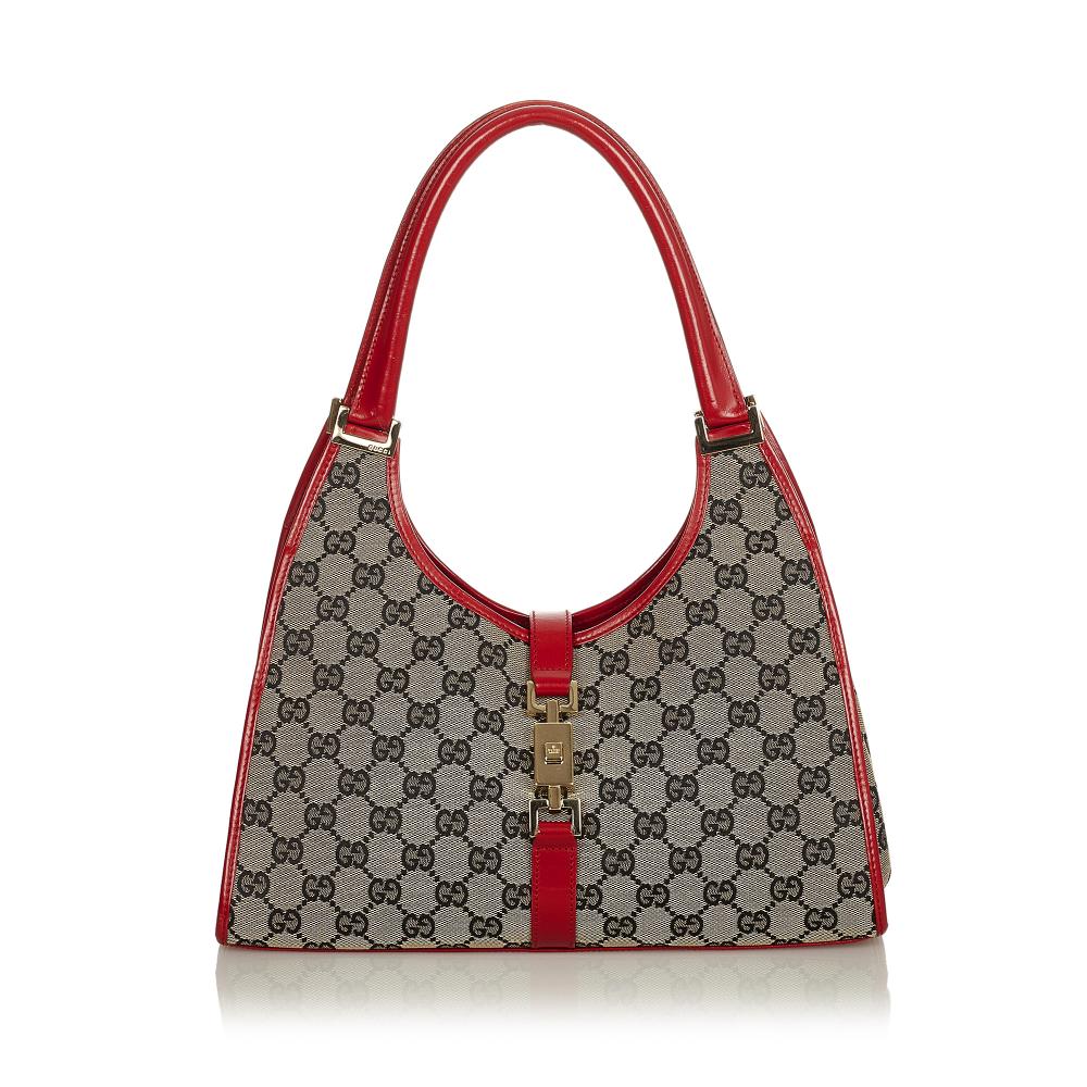 Gucci B Gucci Gray with Red Canvas Fabric GG Jackie Shoulder Bag Italy