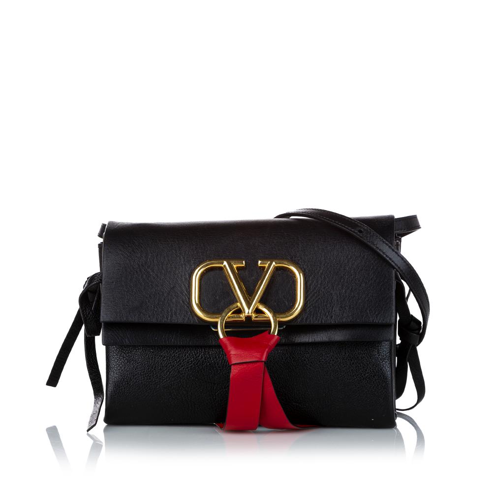 Valentino AB Valentino Black with Red Calf Leather VRing Crossbody Bag Italy