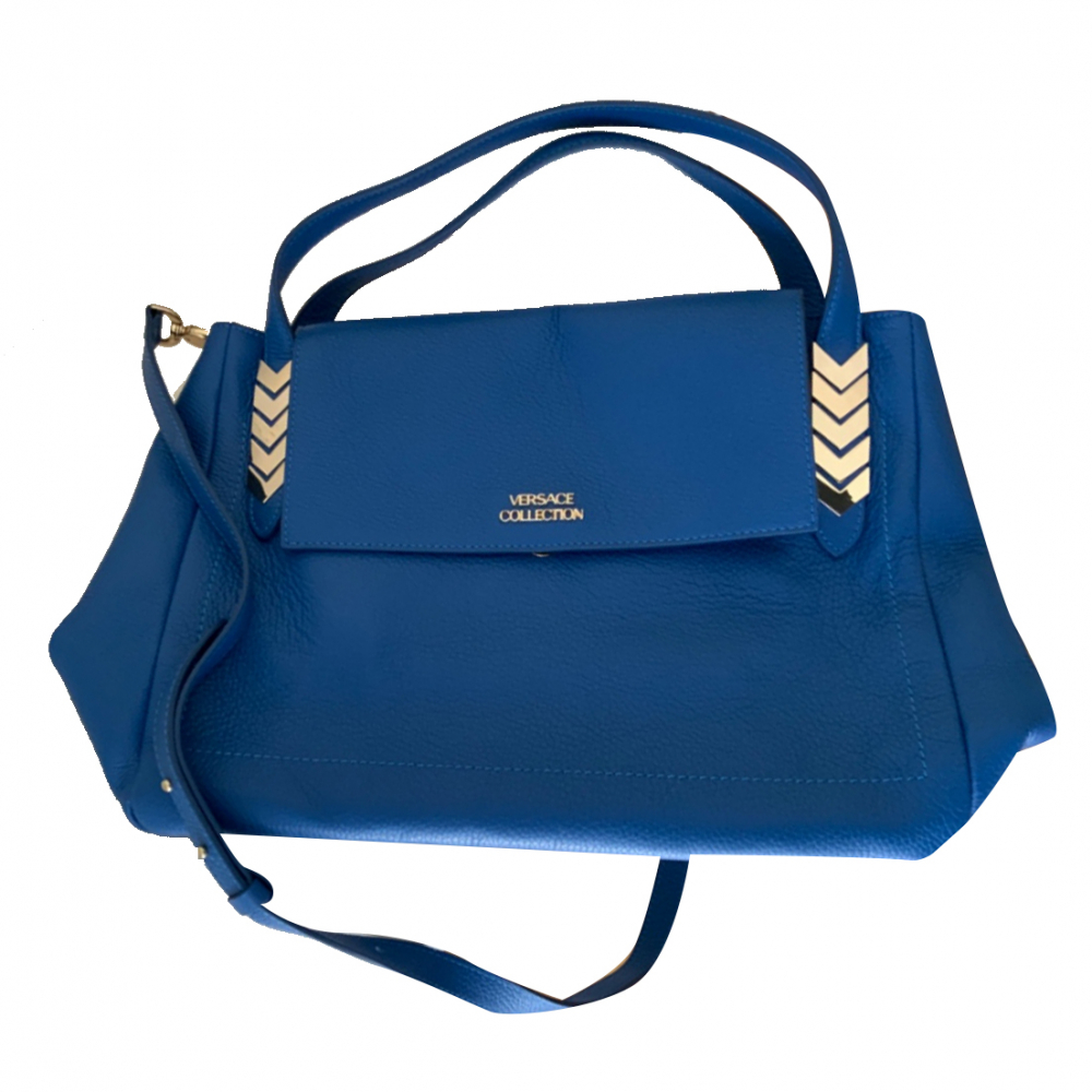 Versace Chevron Leather Satchel Blue with gold metal