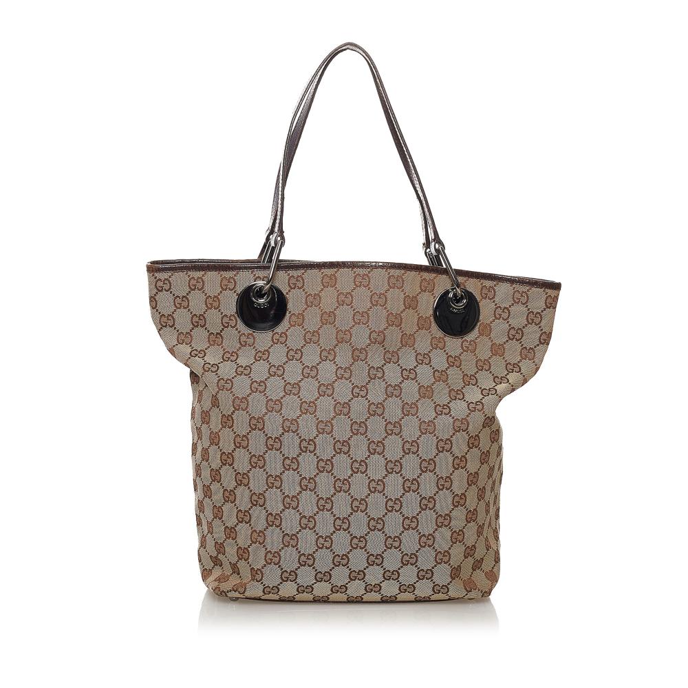 Gucci B Gucci Brown Beige Canvas Fabric GG Eclipse Tote Bag Italy