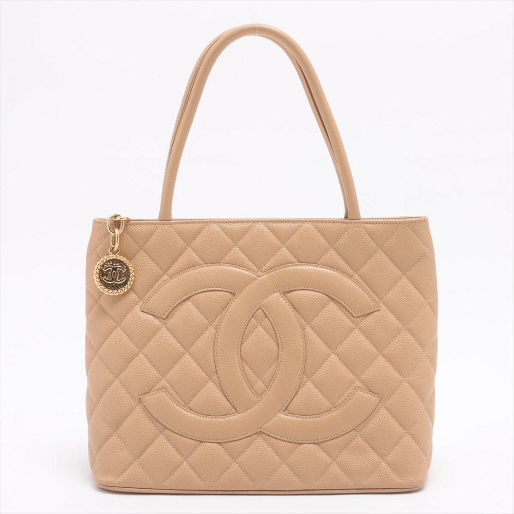 Chanel Medallion Tote Bag Beige Caviarskin Gold Metal