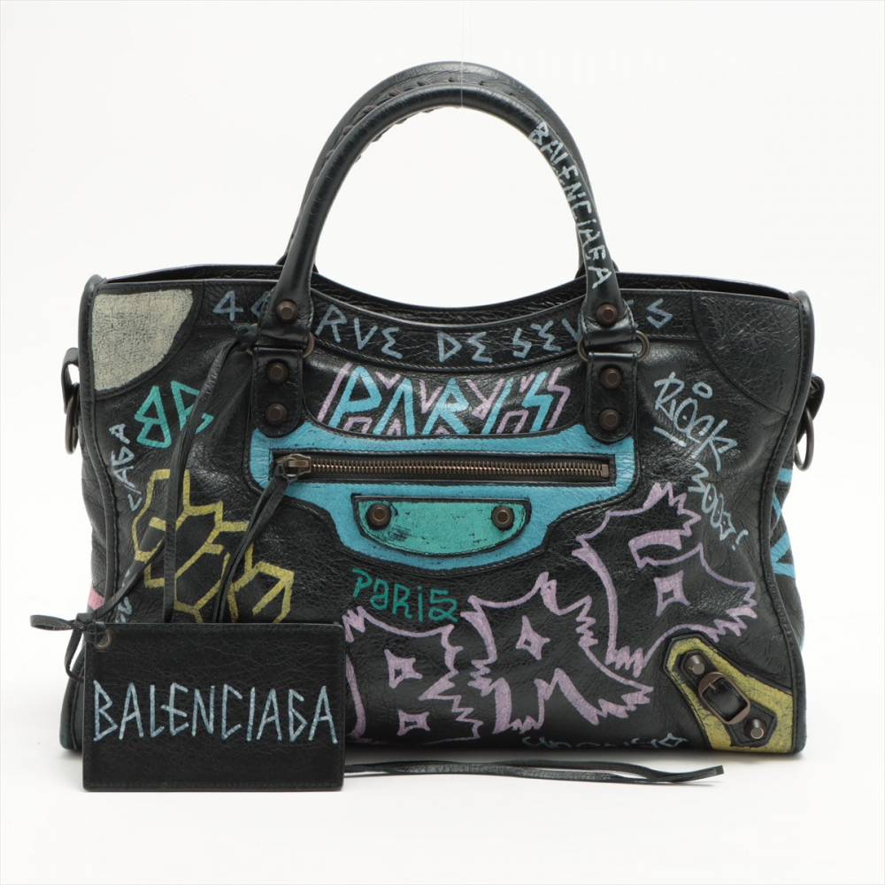 Balenciaga City Graffiti Leather 2way Black