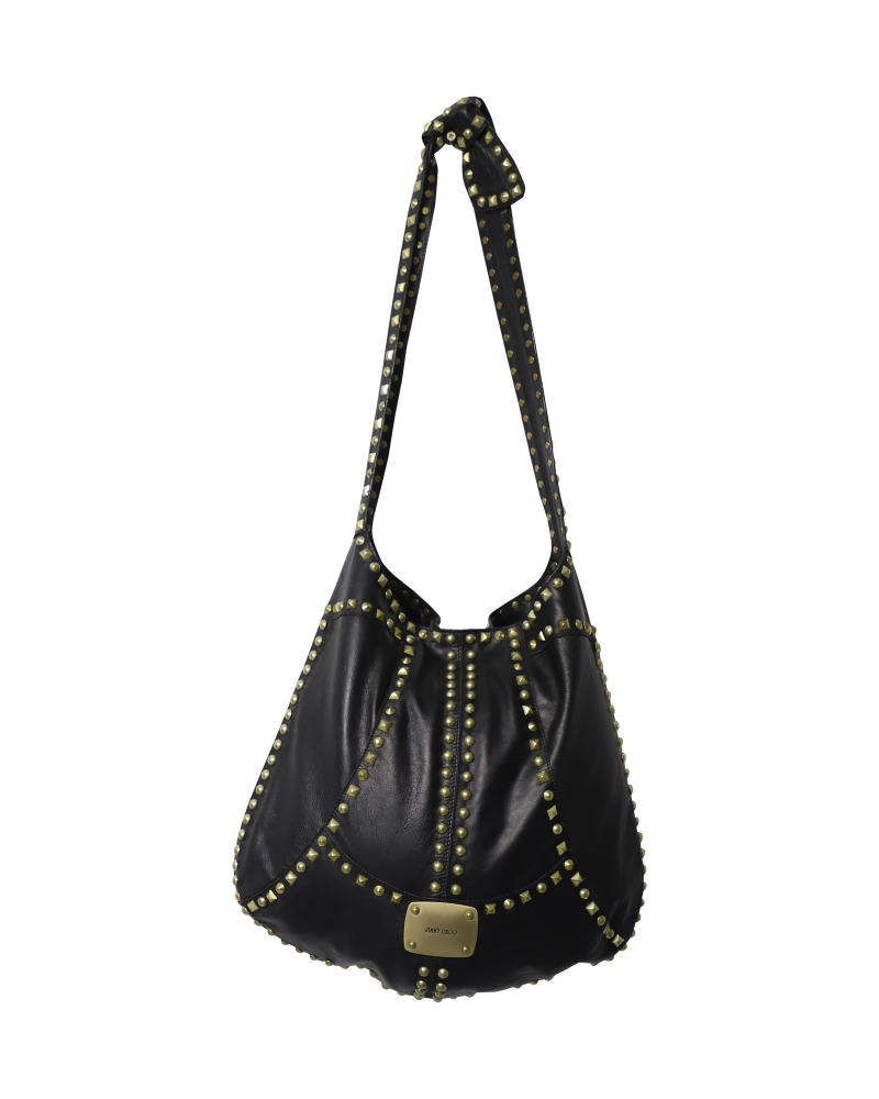 Jimmy Choo Studded Hobo Shoulder Bag in Black Leather