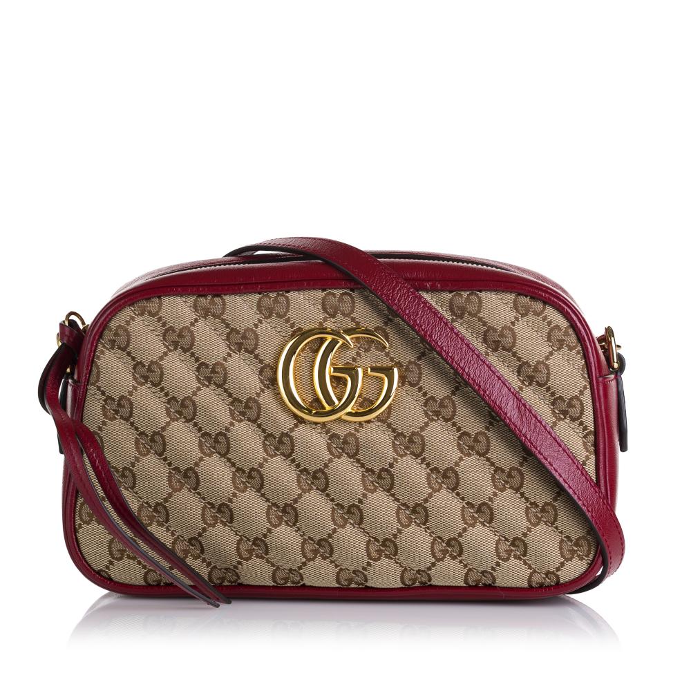 Gucci AB Gucci Brown Beige with Red Canvas Fabric Small GG Marmont Crossbody bag Italy