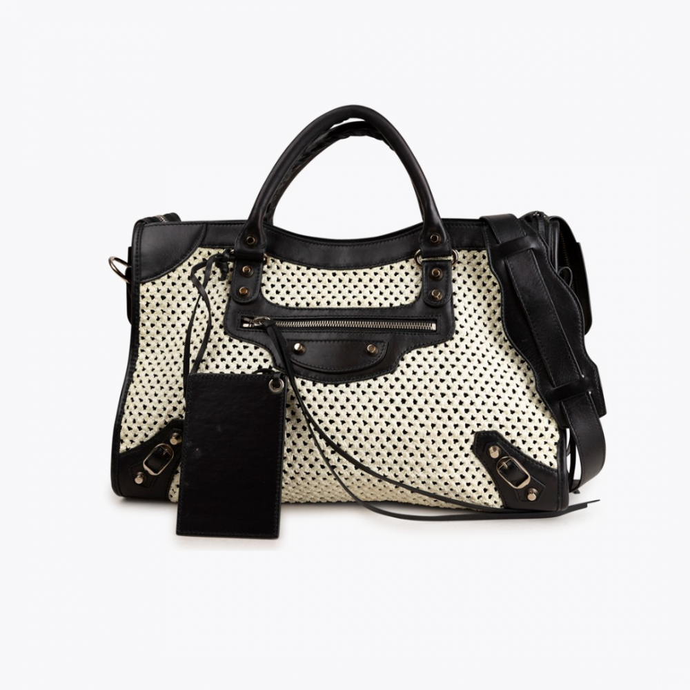 Balenciaga Woven Raffia City Motocross Classic Bag