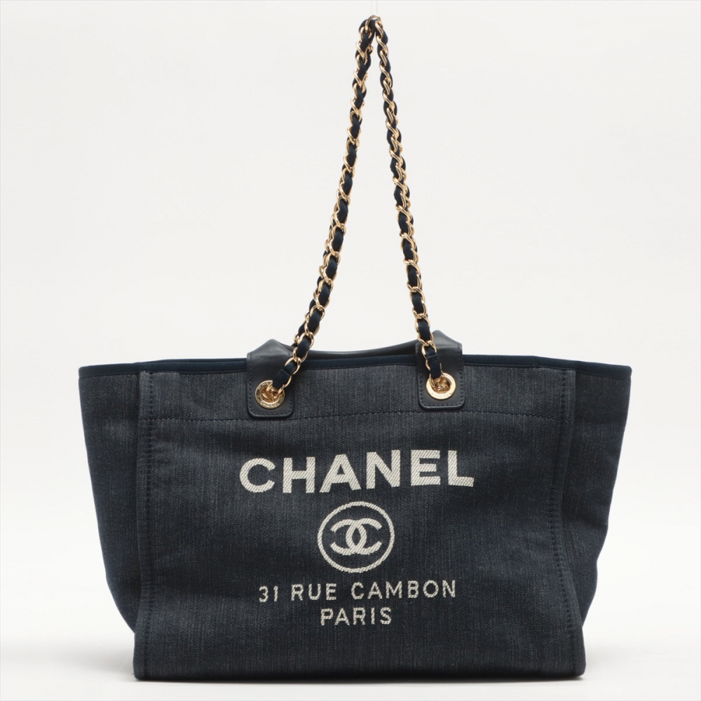 Chanel Deauville Denim Tote Bag Navy Blue Silver Hardware Medium