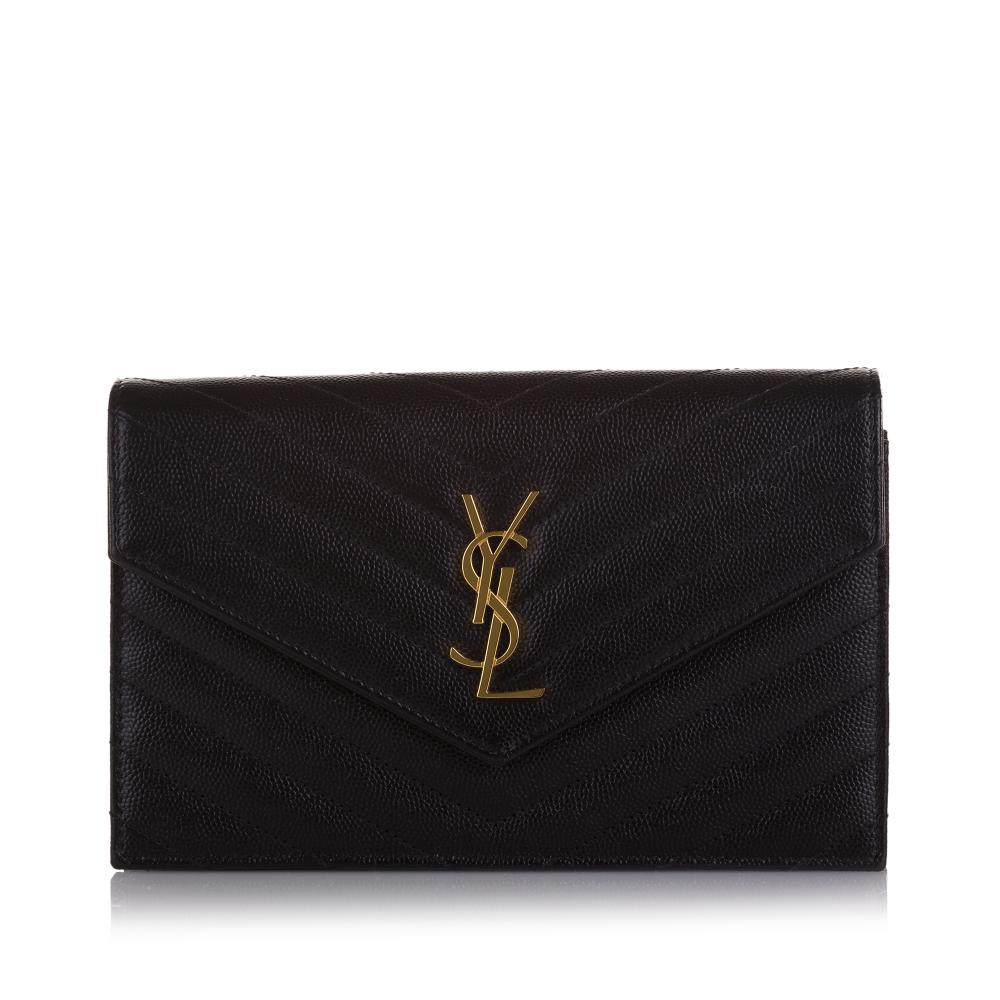 Saint Laurent A YSL Black Calf Leather Grain De Poudre Cassandre Envelope Wallet on Chain Italy