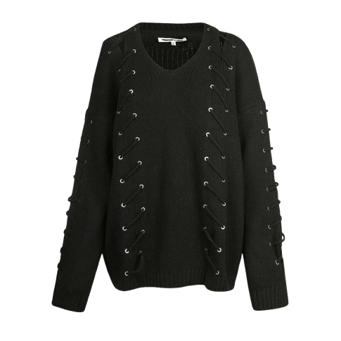 Alexander McQueen Black Lace-Up Pullover Sweater – Oversized Knit, Eyelet Detailing, Black Pullover