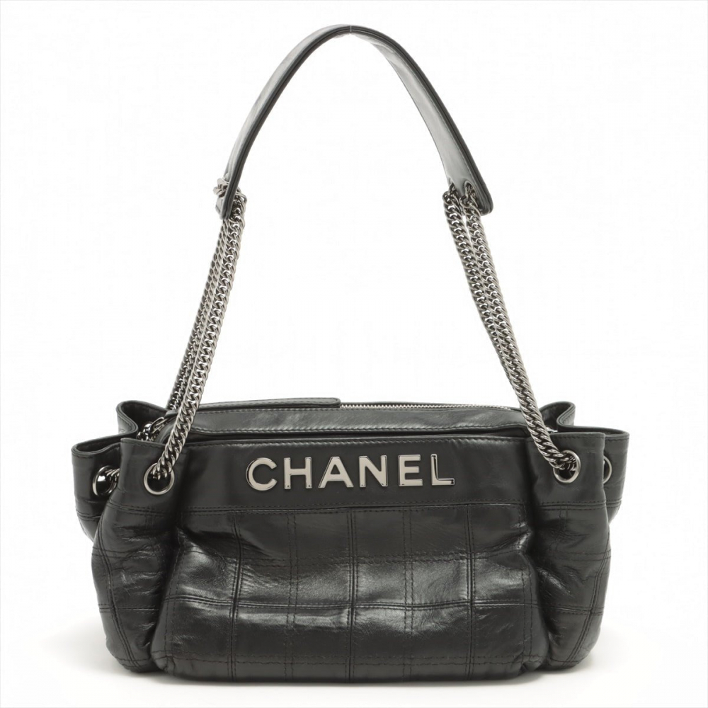 Chanel Chocolate Bar Black Lambskin Leather Chain