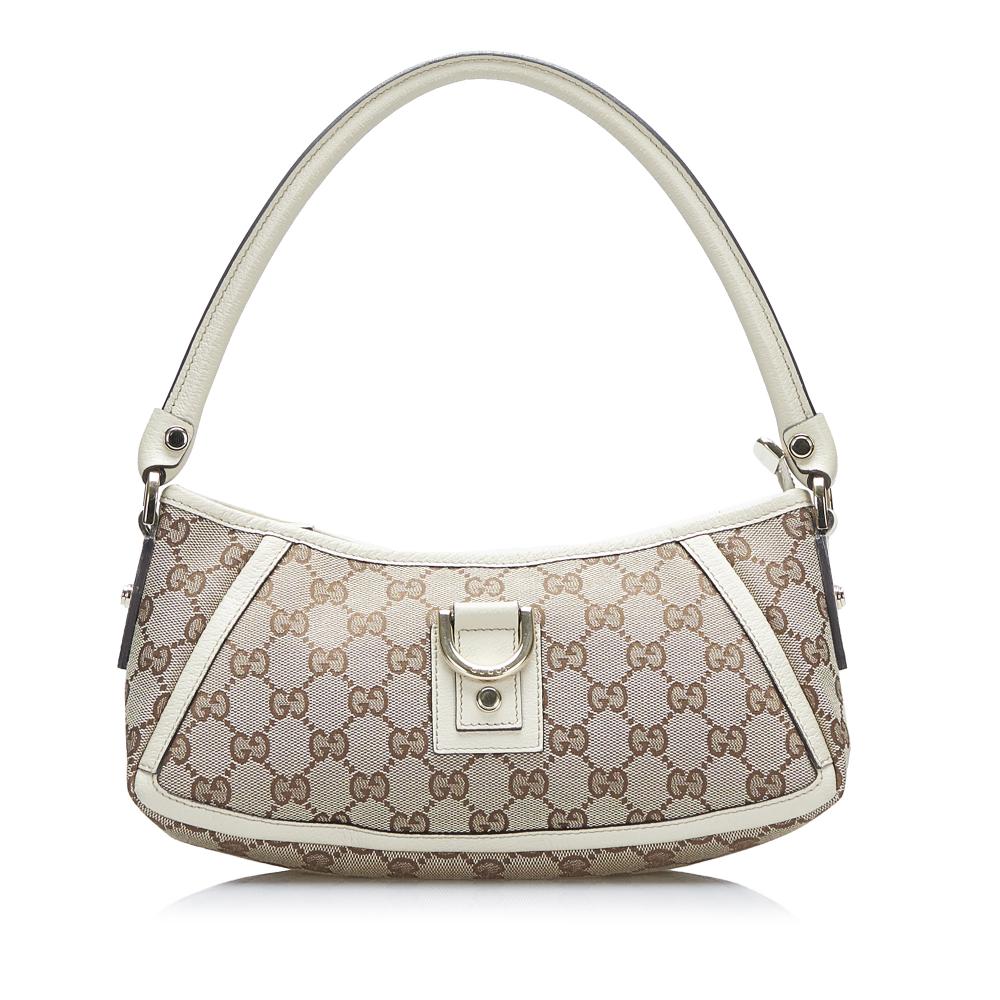 Gucci B Gucci Brown Beige with White Canvas Fabric GG Abbey D-Ring Baguette Italy