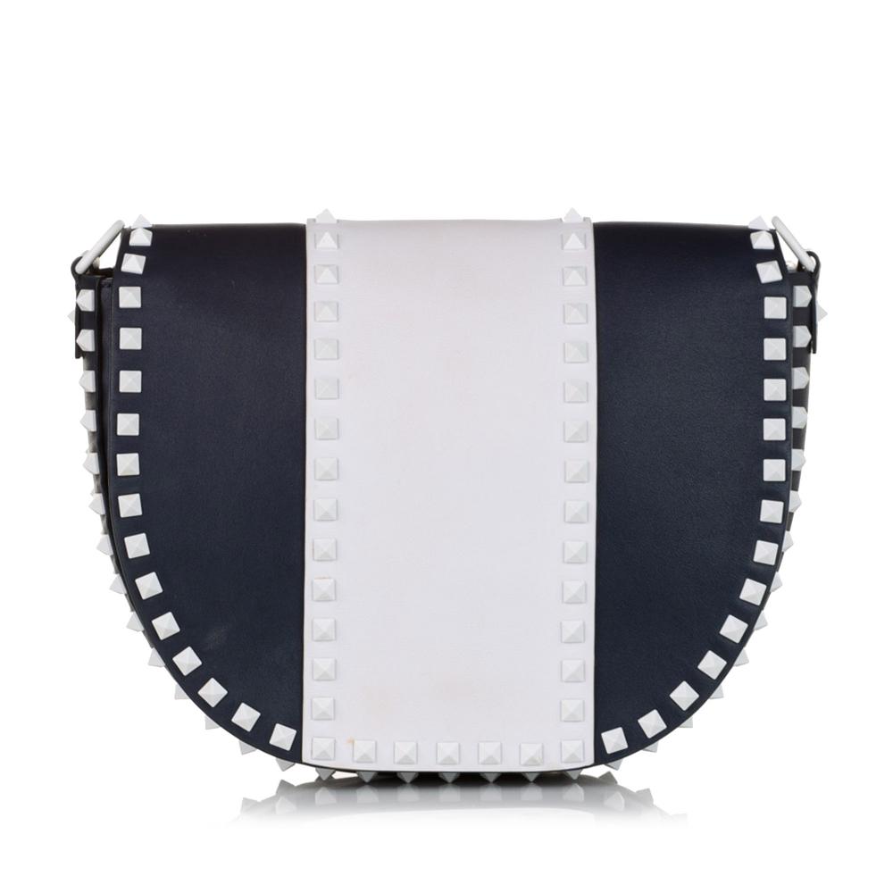 Valentino B Valentino Black with White Calf Leather Rockstud Free Crossbody Bag Italy