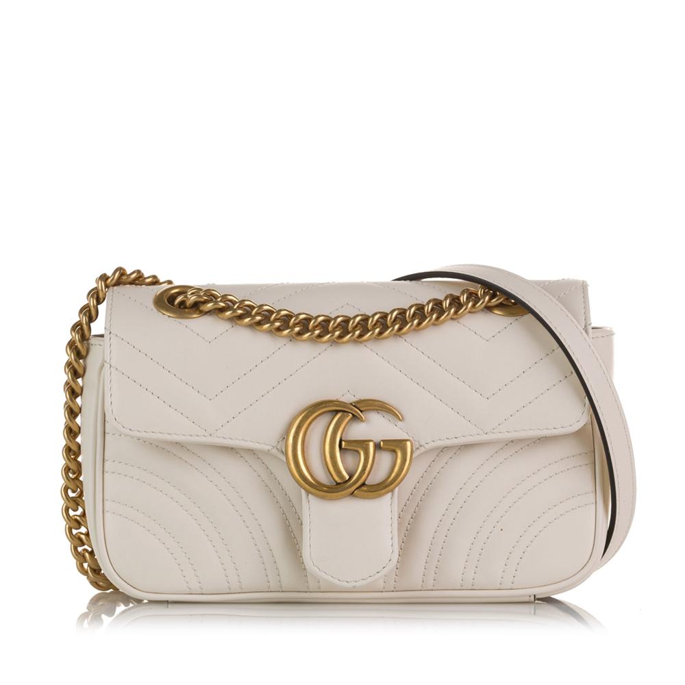 Gucci AB Gucci White Calf Leather Mini GG Marmont Matelasse Crossbody Bag Italy