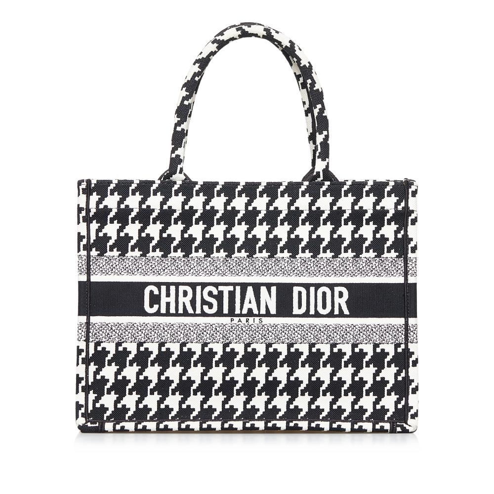 Christian Dior A Dior Black Canvas Fabric Medium Macro Houndstooth Book Tote Italy