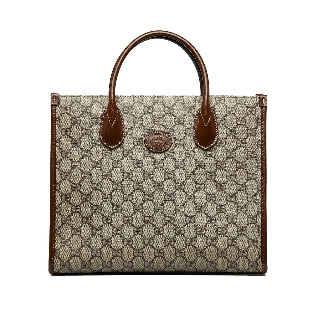 Gucci A Gucci Brown Beige Coated Canvas Fabric GG Supreme Interlocking G Satchel Italy