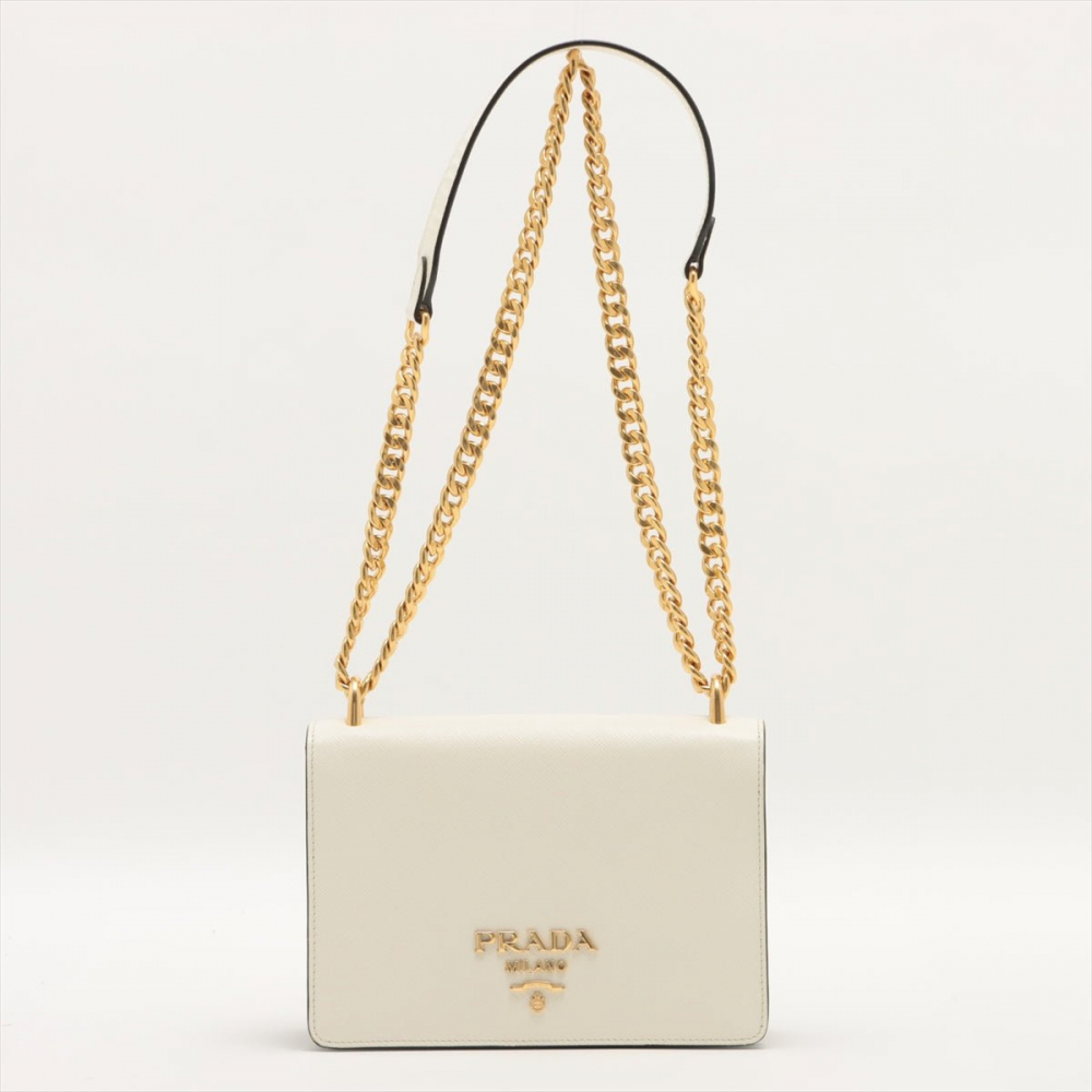 Prada Chain Flap Small Saffiano Leather White Bag