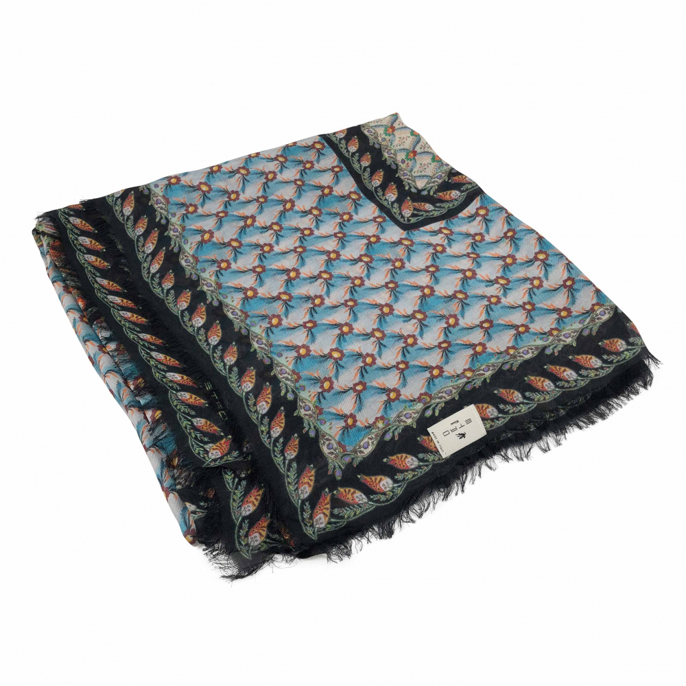 Etro scarf in multicolour flower print on cotton silk blend